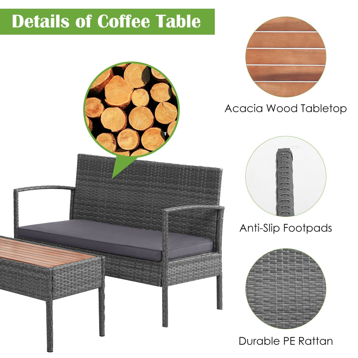 4 Pieces Rattan Patio Conversation Furniture Set with Acacia Wood Tabletop view 8
