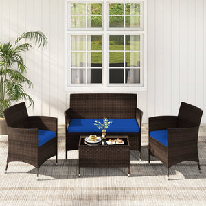4 Pieces Rattan Sofa Set with Glass Table and Comfortable Wicker for Outdoor Patio-Navy view 2