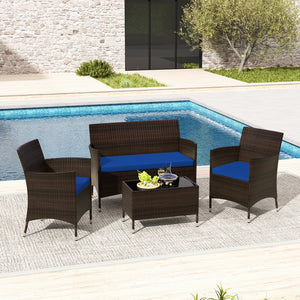 4 Pieces Rattan Sofa Set with Glass Table and Comfortable Wicker for Outdoor Patio-Navy view 3