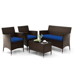 4 Pieces Rattan Sofa Set with Glass Table and Comfortable Wicker for Outdoor Patio-Navy view 4