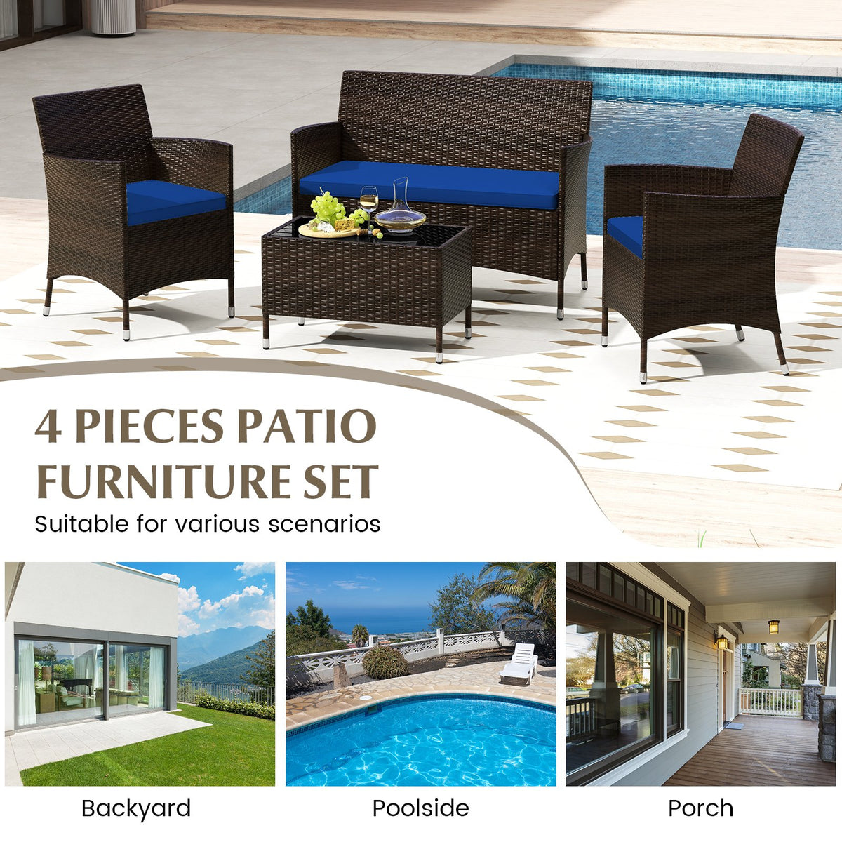 4 Pieces Rattan Sofa Set with Glass Table and Comfortable Wicker for Outdoor Patio-Navy view 6