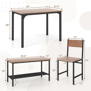 4 Pieces Rustic Dining Table Set with 2 Chairs and Bench-Brown view 4