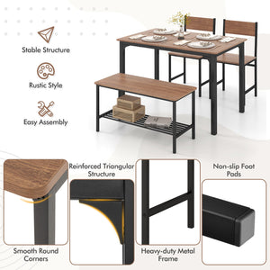 4 Pieces Rustic Dining Table Set with 2 Chairs and Bench-Brown view 5