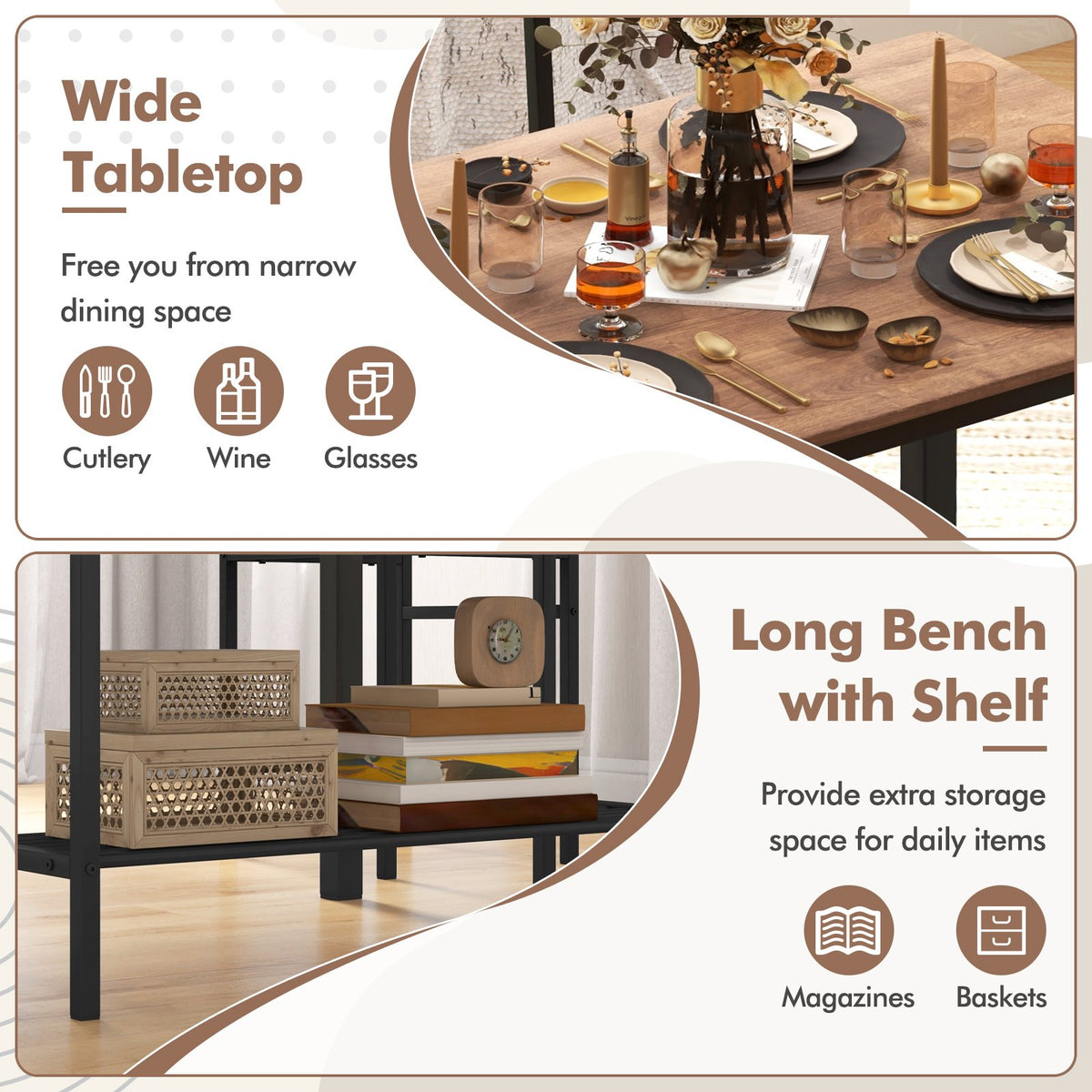 4 Pieces Rustic Dining Table Set with 2 Chairs and Bench-Brown view 6