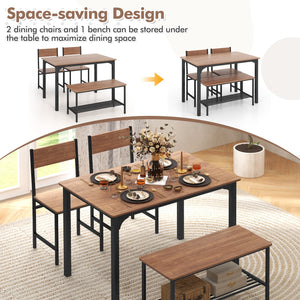 4 Pieces Rustic Dining Table Set with 2 Chairs and Bench-Brown view 7