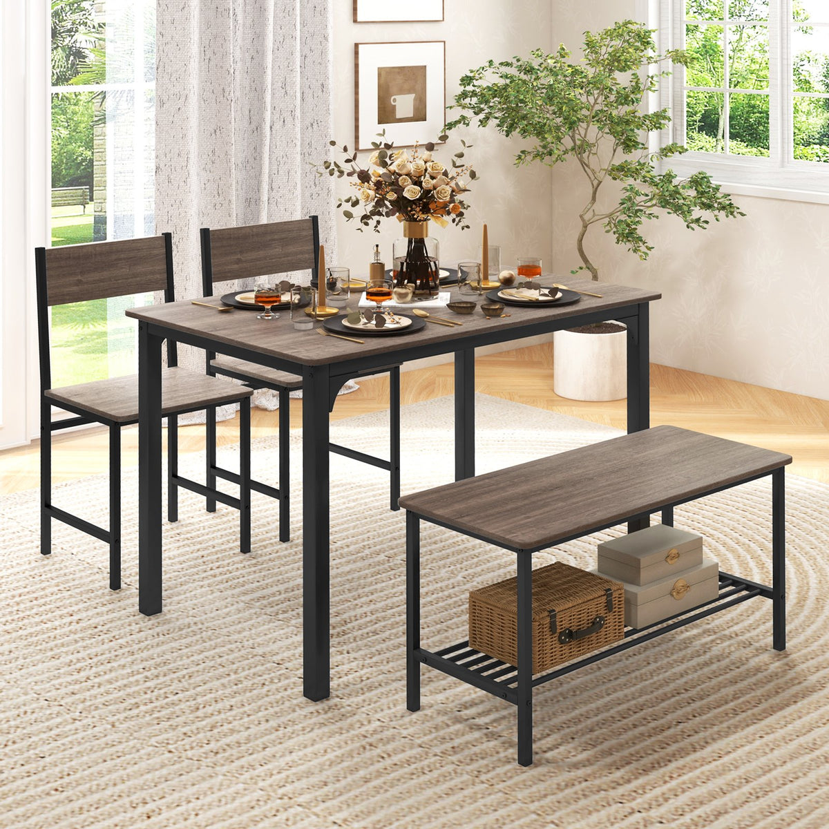 4 Pieces Rustic Dining Table Set with 2 Chairs and Bench-Gray view 2