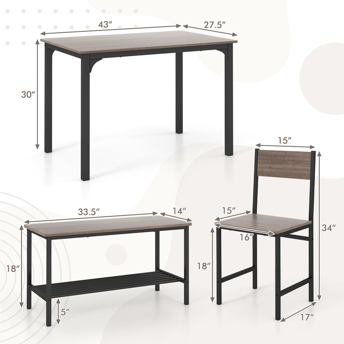 4 Pieces Rustic Dining Table Set with 2 Chairs and Bench-Gray view 4