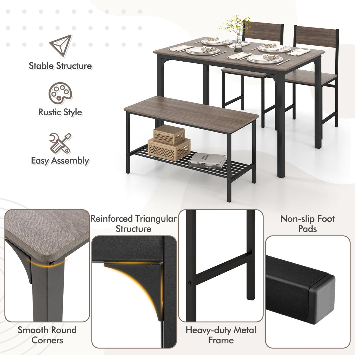 4 Pieces Rustic Dining Table Set with 2 Chairs and Bench-Gray view 5