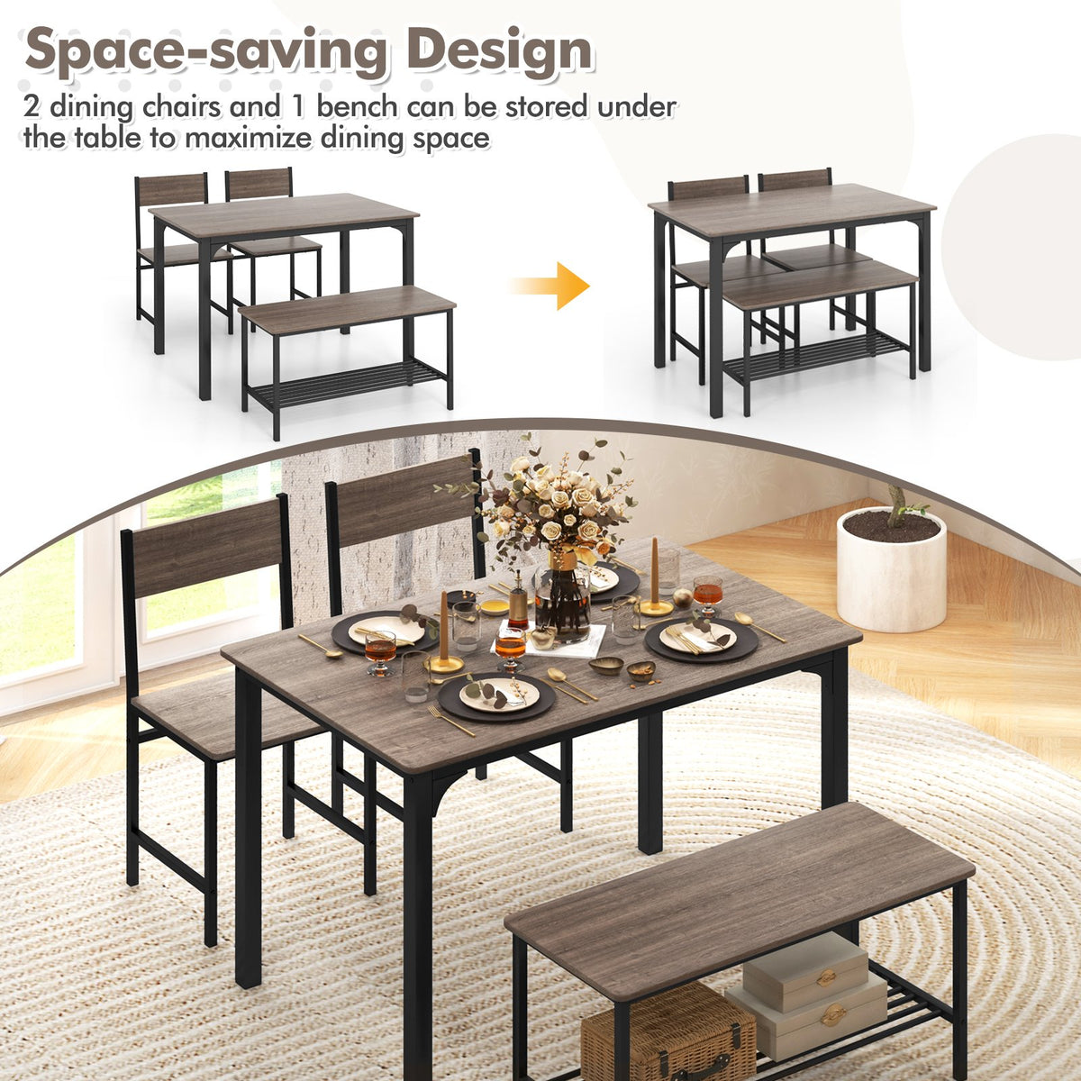 4 Pieces Rustic Dining Table Set with 2 Chairs and Bench-Gray view 7