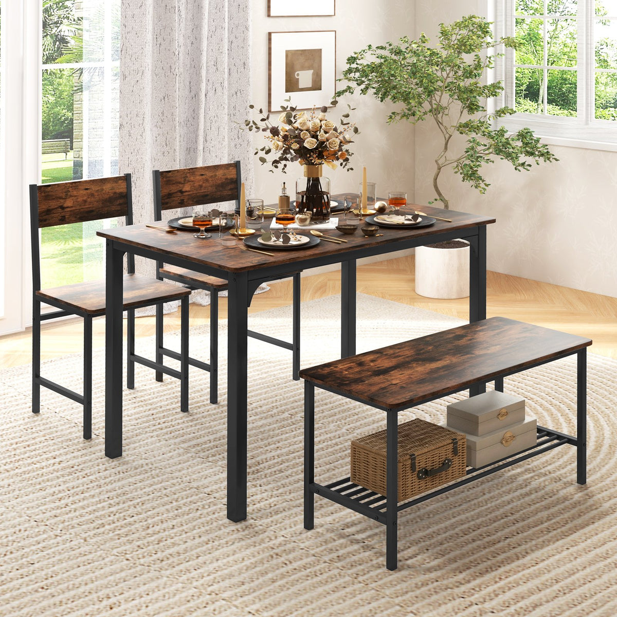 4 Pieces Rustic Dining Table Set with 2 Chairs and Bench-Rustic Brown view 2
