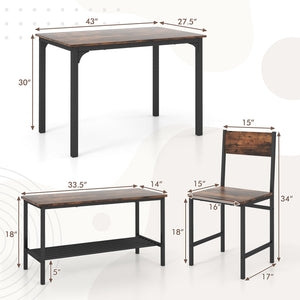 4 Pieces Rustic Dining Table Set with 2 Chairs and Bench-Rustic Brown view 4