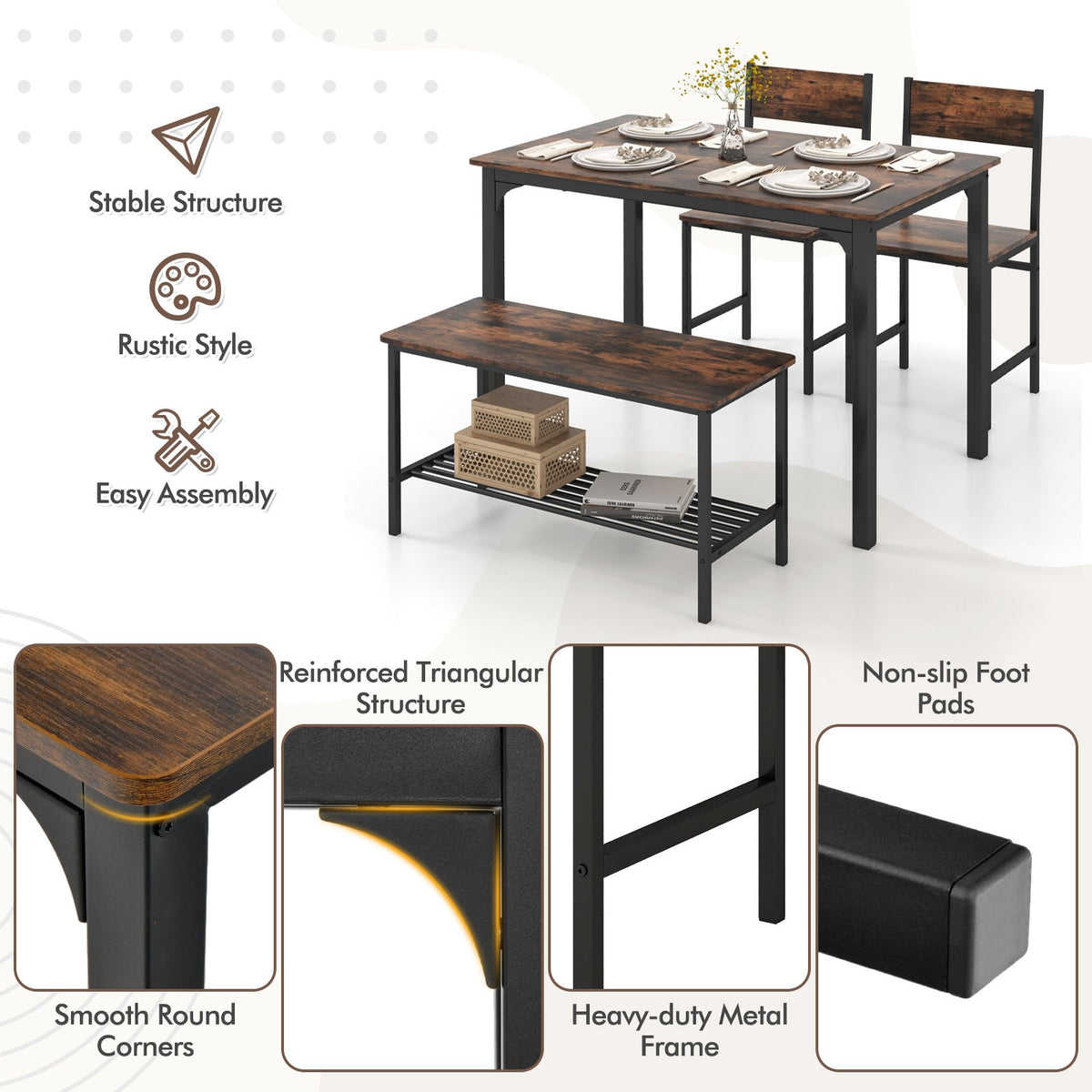 4 Pieces Rustic Dining Table Set with 2 Chairs and Bench-Rustic Brown view 5