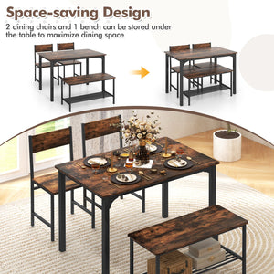 4 Pieces Rustic Dining Table Set with 2 Chairs and Bench-Rustic Brown view 7