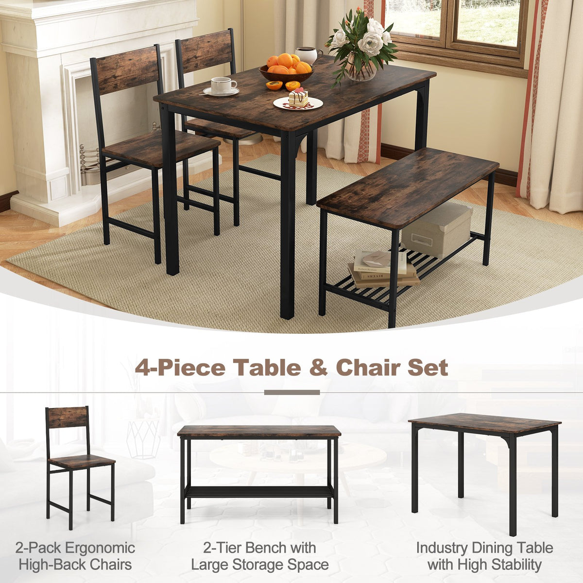 4 Pieces Rustic Dining Table Set with 2 Chairs and Bench-Rustic Brown view 8