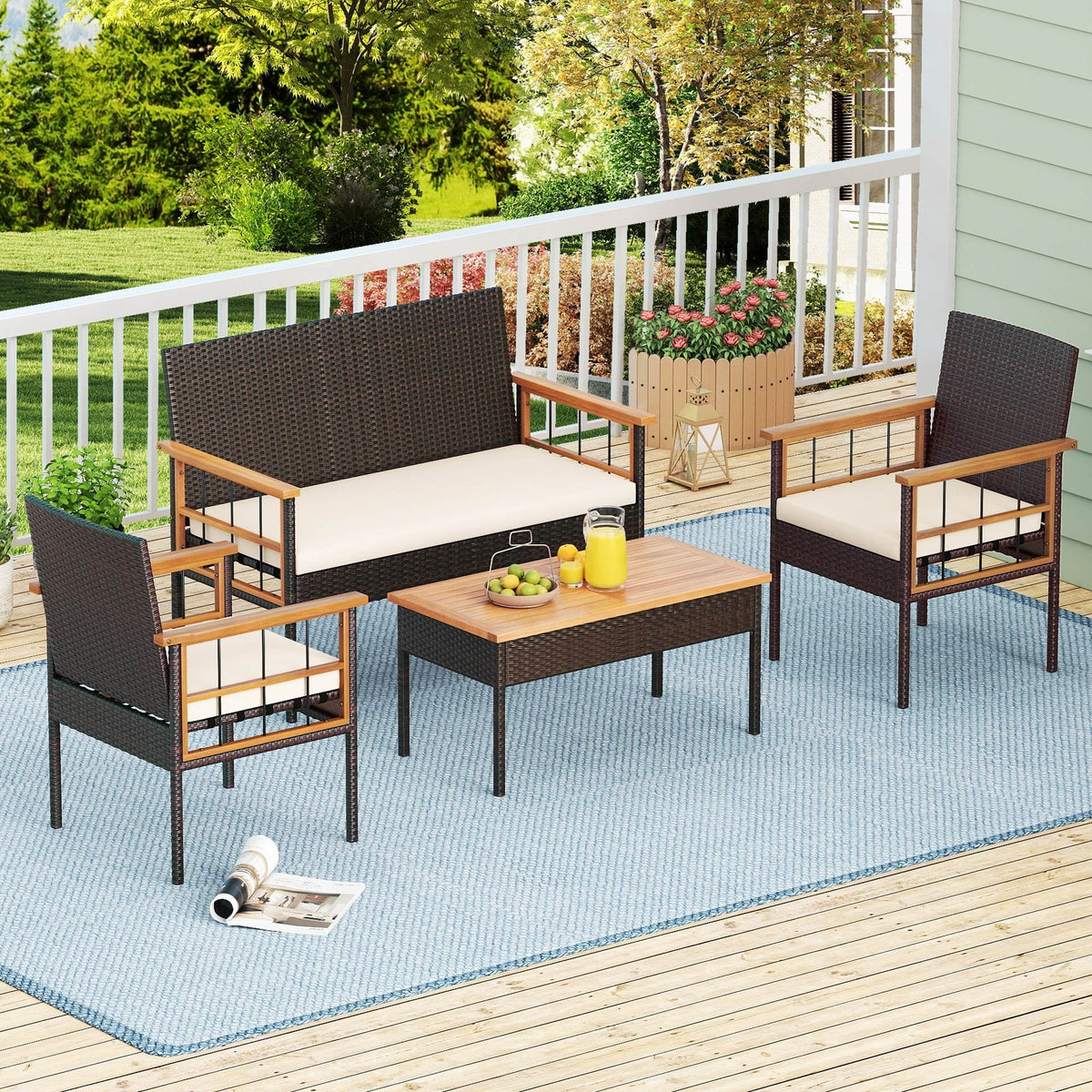 4 Pieces Wicker Furniture Set with Acacia Wood Tabletop and Armrests for Porch-White view 2