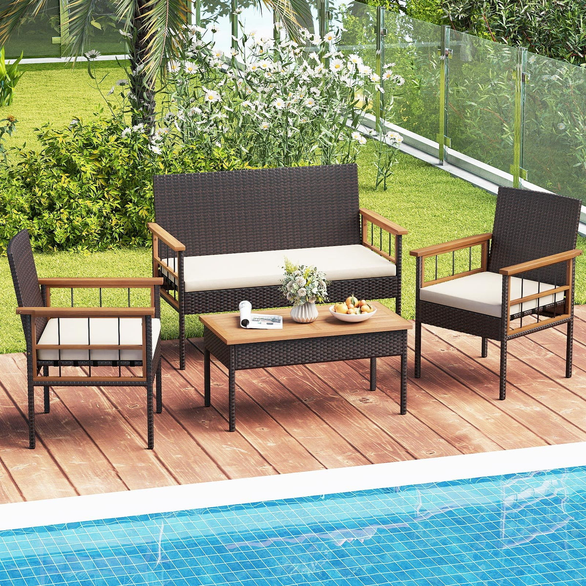 4 Pieces Wicker Furniture Set with Acacia Wood Tabletop and Armrests for Porch-White view 3