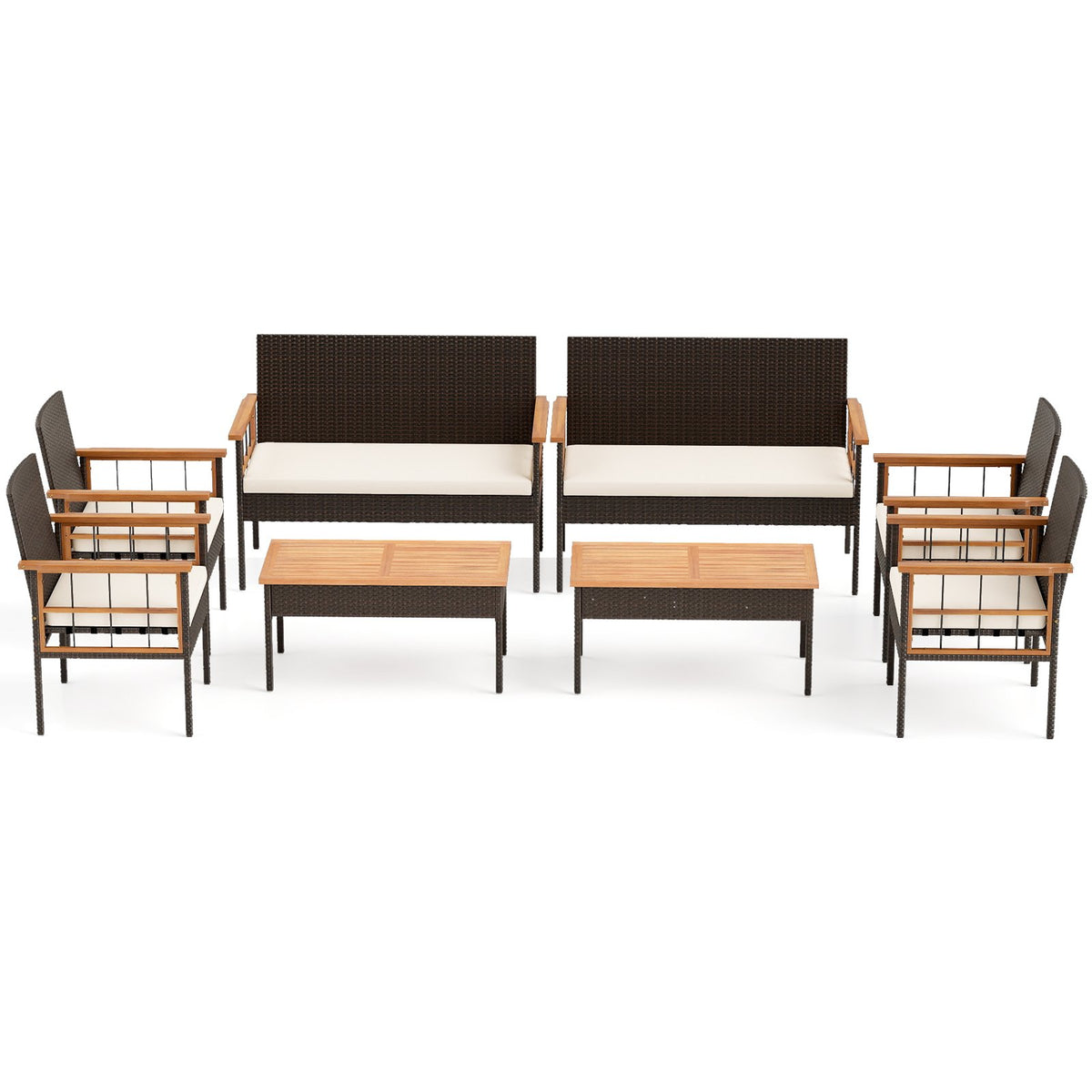 4 Pieces Wicker Furniture Set with Acacia Wood Tabletop and Armrests for Porch-White view 4