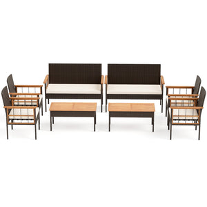 4 Pieces Wicker Furniture Set with Acacia Wood Tabletop and Armrests for Porch-White view 4