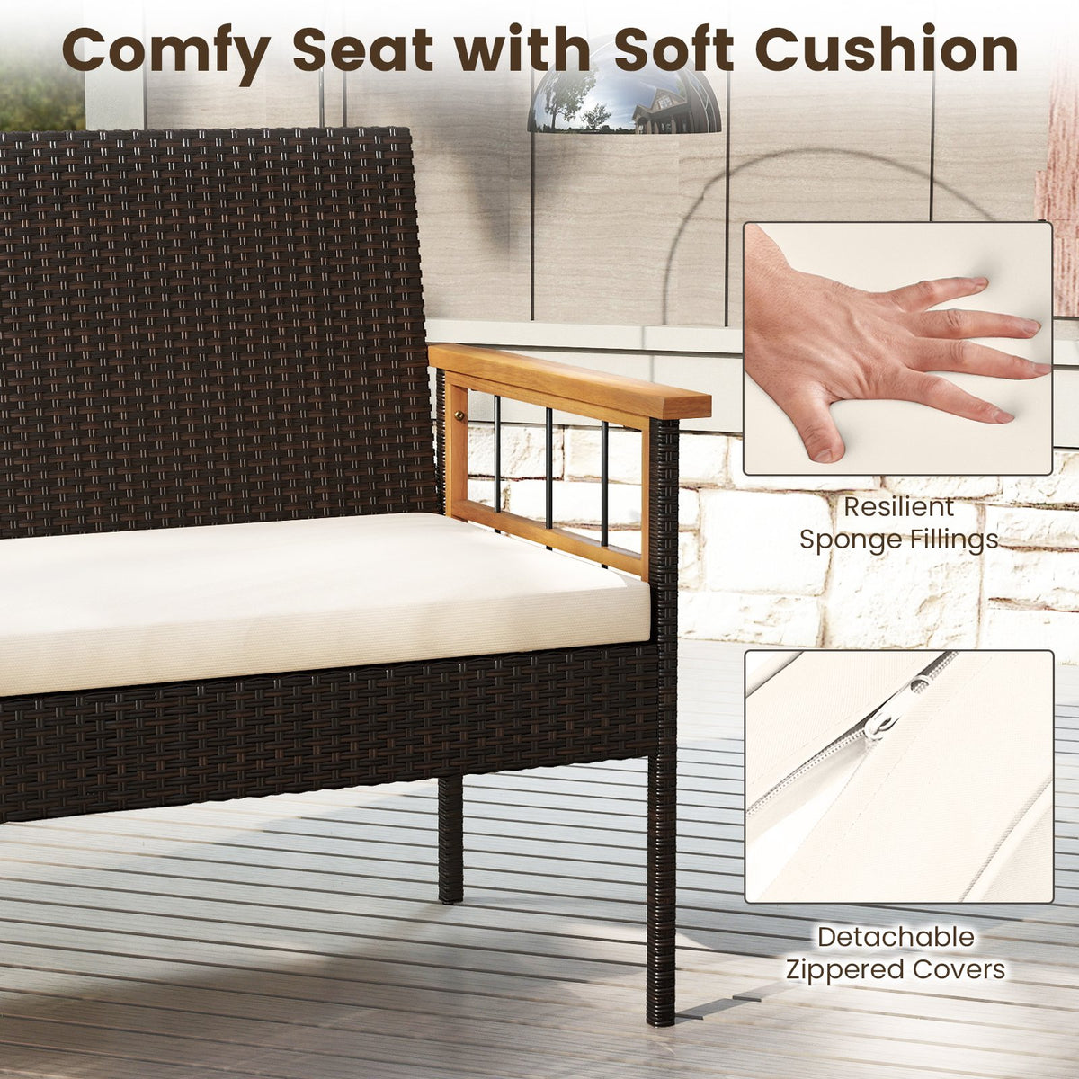 4 Pieces Wicker Furniture Set with Acacia Wood Tabletop and Armrests for Porch-White view 6