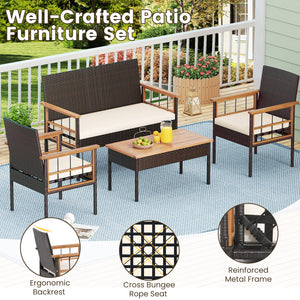 4 Pieces Wicker Furniture Set with Acacia Wood Tabletop and Armrests for Porch-White view 7
