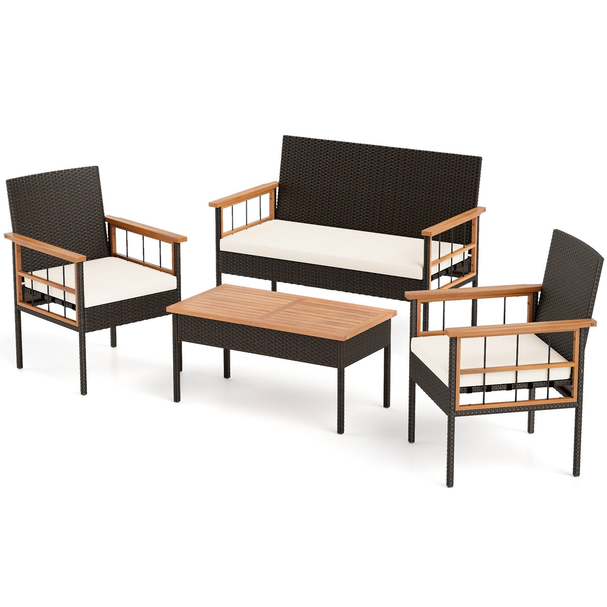 4 Pieces Wicker Furniture Set with Acacia Wood Tabletop and Armrests for Porch-White view 8