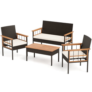4 Pieces Wicker Furniture Set with Acacia Wood Tabletop and Armrests for Porch-White view 8