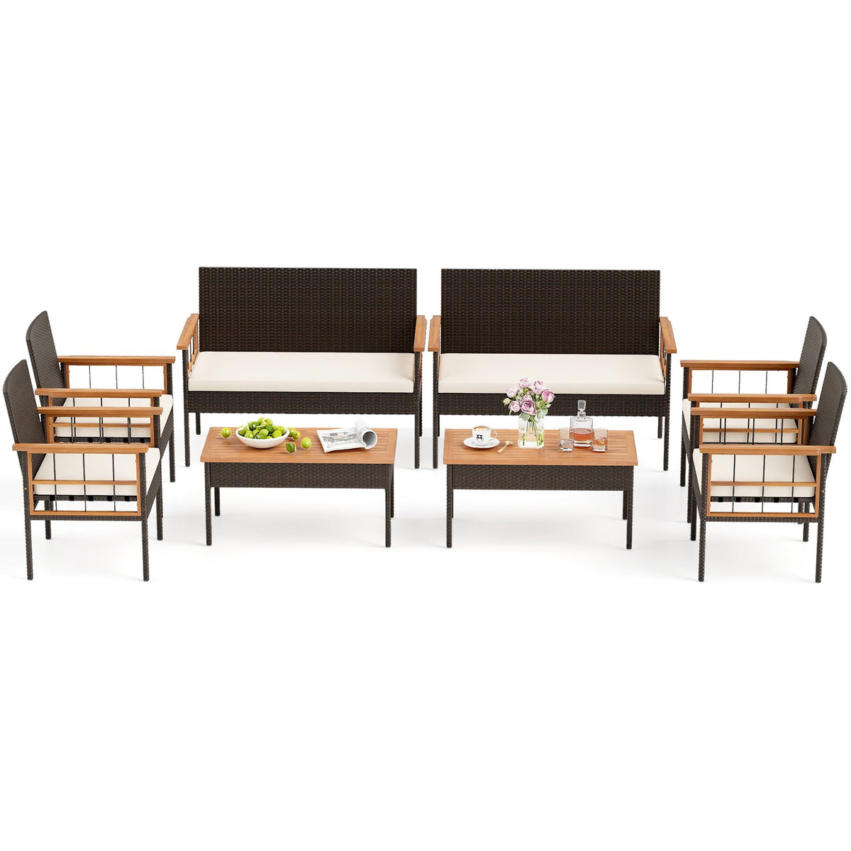 4 Pieces Wicker Furniture Set with Acacia Wood Tabletop and Armrests for Porch-White view 9