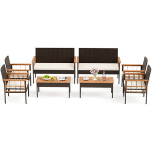 4 Pieces Wicker Furniture Set with Acacia Wood Tabletop and Armrests for Porch-White view 9