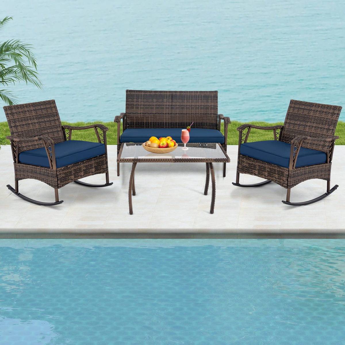 4 Pieces Wicker Rocking Set with Bungee Rope Seat for Porch Yard-Navy view 2