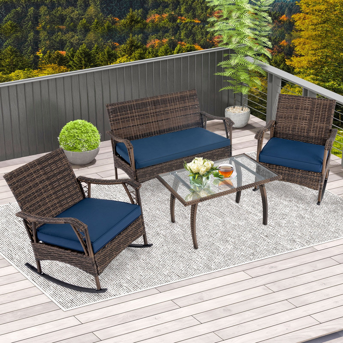 4 Pieces Wicker Rocking Set with Bungee Rope Seat for Porch Yard-Navy view 3