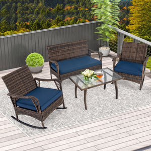 4 Pieces Wicker Rocking Set with Bungee Rope Seat for Porch Yard-Navy view 3