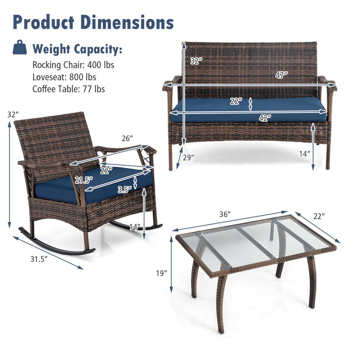 4 Pieces Wicker Rocking Set with Bungee Rope Seat for Porch Yard-Navy view 5