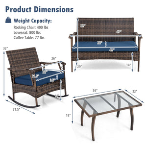 4 Pieces Wicker Rocking Set with Bungee Rope Seat for Porch Yard-Navy view 5