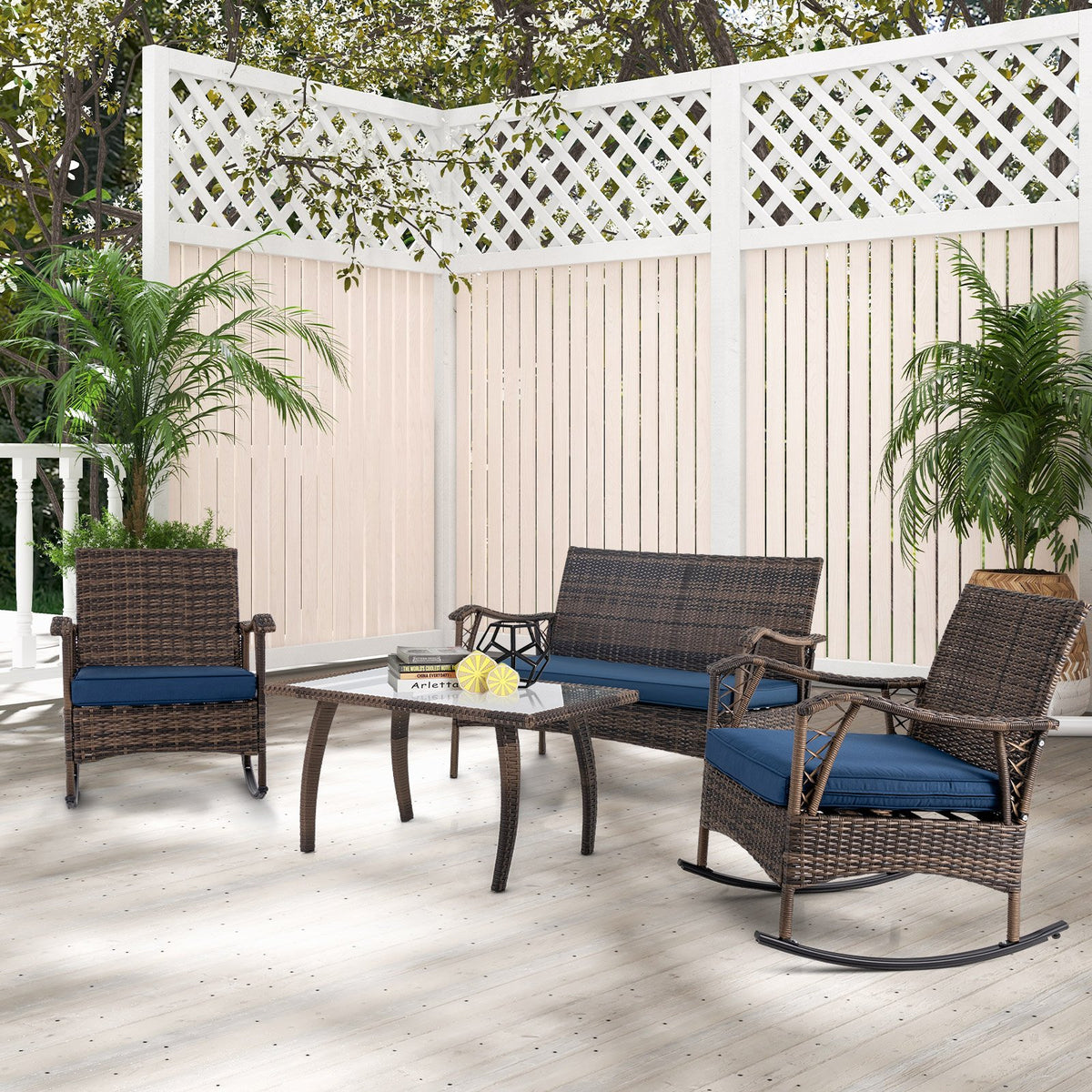 4 Pieces Wicker Rocking Set with Bungee Rope Seat for Porch Yard-Navy view 6