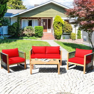 4 Pieces Wood Outdoor Patio Furniture Set with Cushions for Garden-Red view 2