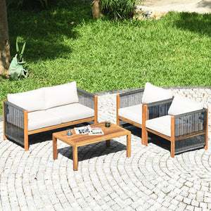 4 Pieces Wood Outdoor Patio Furniture Set with Cushions for Garden-Red view 3