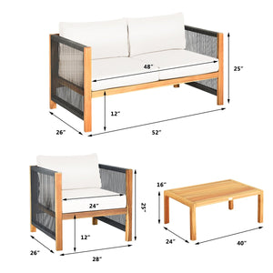 4 Pieces Wood Outdoor Patio Furniture Set with Cushions for Garden-Red view 4