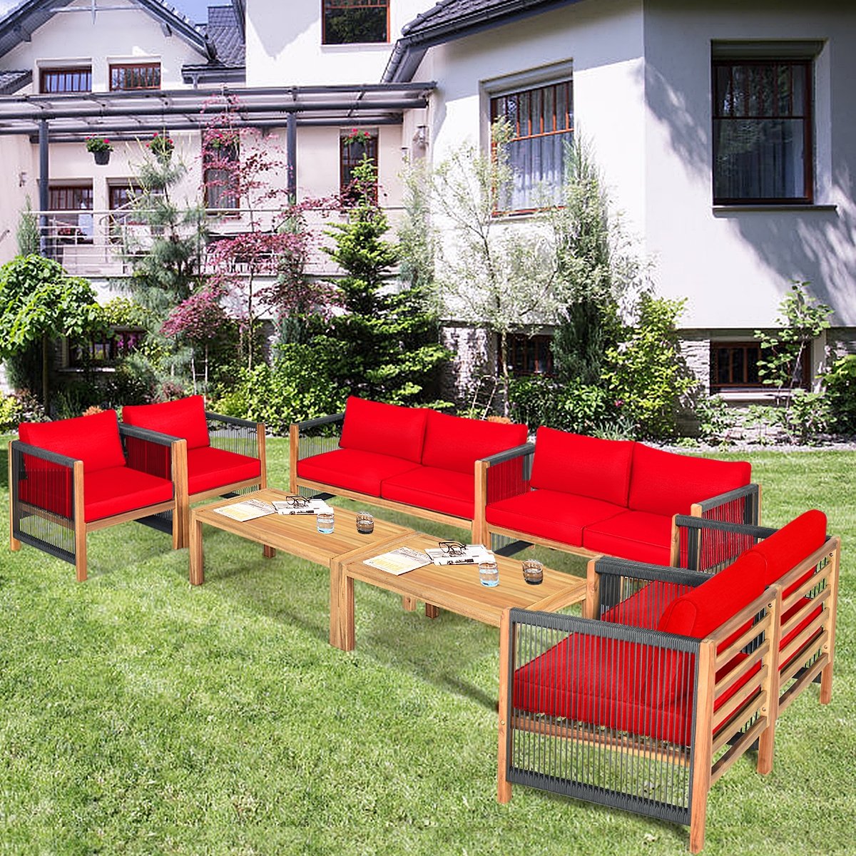 4 Pieces Wood Outdoor Patio Furniture Set with Cushions for Garden-Red view 5
