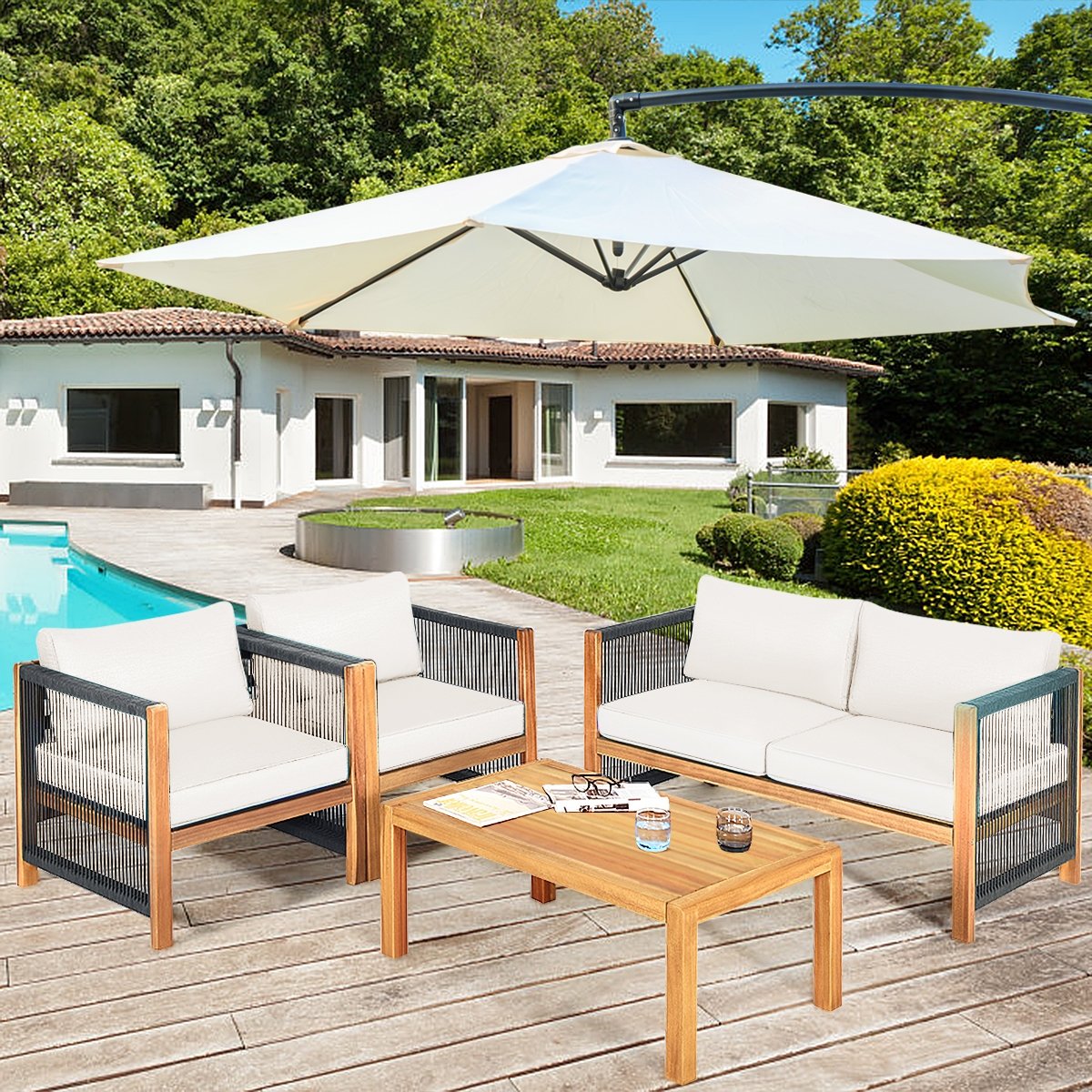4 Pieces Wood Outdoor Patio Furniture Set with Cushions for Garden-Red view 6
