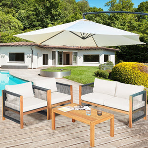 4 Pieces Wood Outdoor Patio Furniture Set with Cushions for Garden-Red view 6