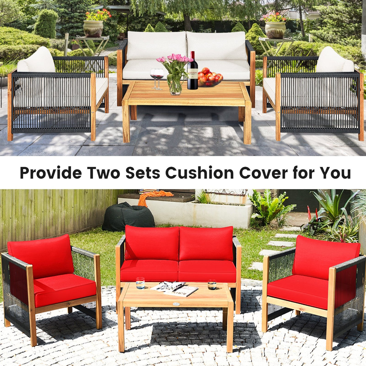 4 Pieces Wood Outdoor Patio Furniture Set with Cushions for Garden-Red view 7