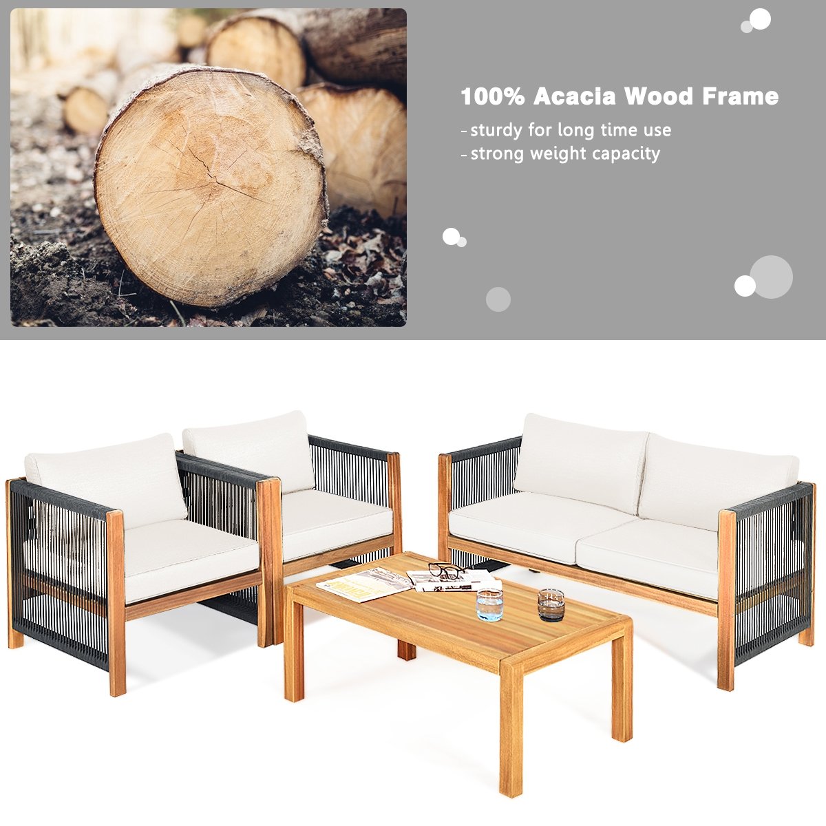 4 Pieces Wood Outdoor Patio Furniture Set with Cushions for Garden-Red view 8