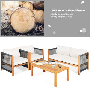 4 Pieces Wood Outdoor Patio Furniture Set with Cushions for Garden-Red view 8