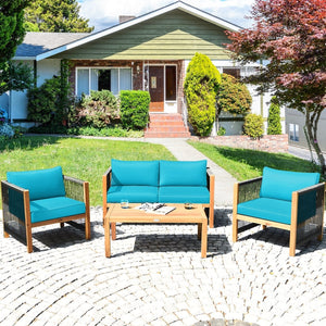 4 Pieces Wood Outdoor Patio Furniture Set with Cushions for Garden-Turquoise view 2