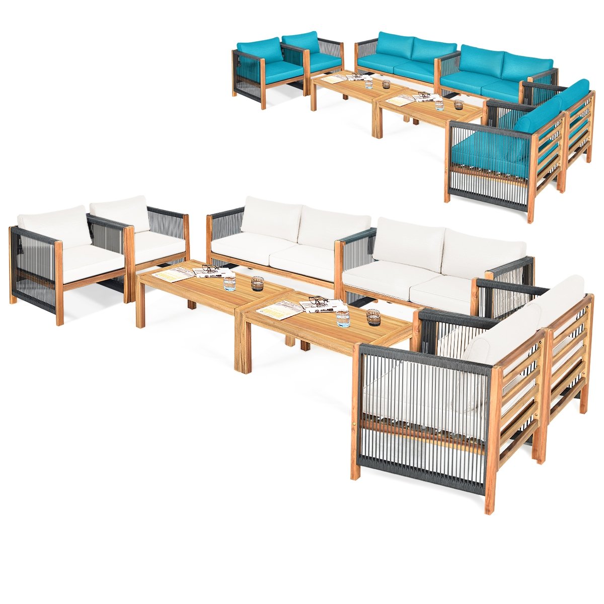 4 Pieces Wood Outdoor Patio Furniture Set with Cushions for Garden-Turquoise view 4