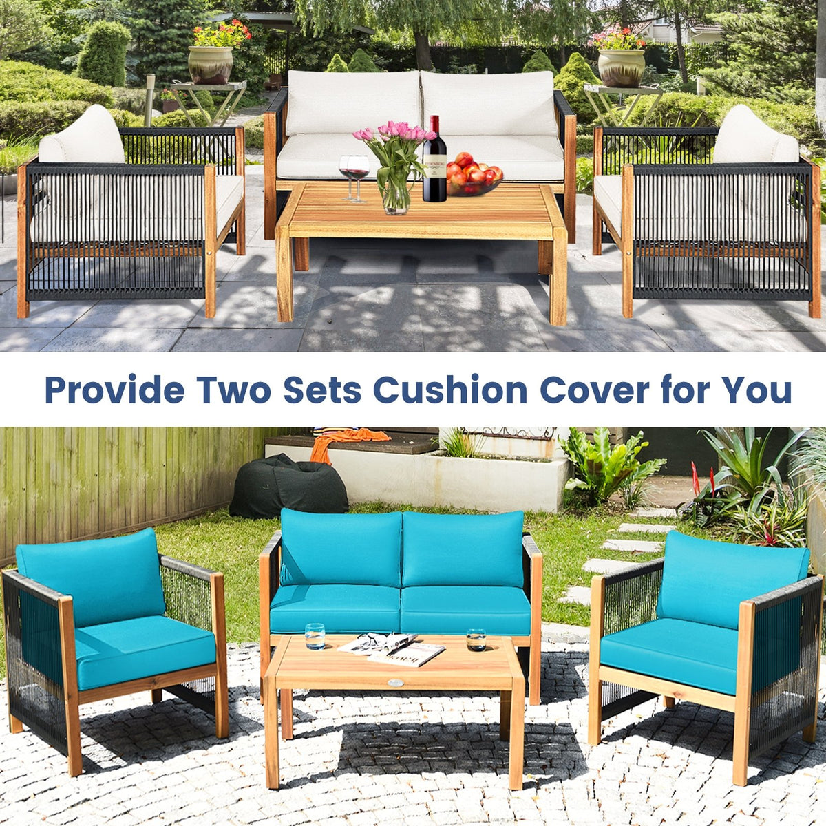 4 Pieces Wood Outdoor Patio Furniture Set with Cushions for Garden-Turquoise view 6