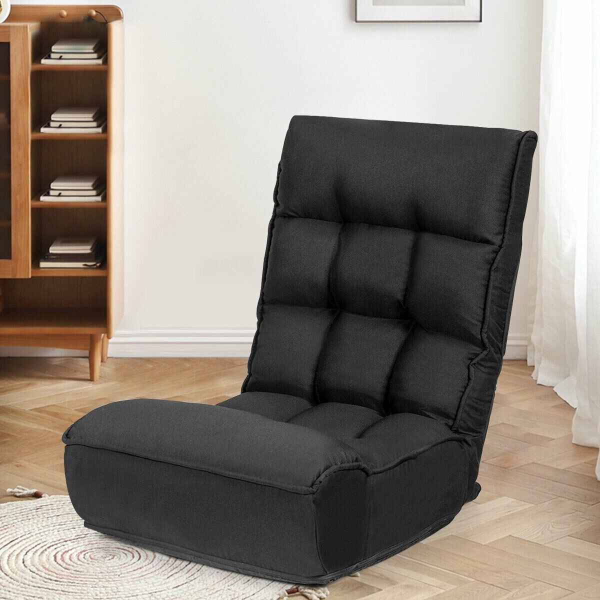4-Position Adjustable Floor Chair Folding Lazy Sofa-Black view 2