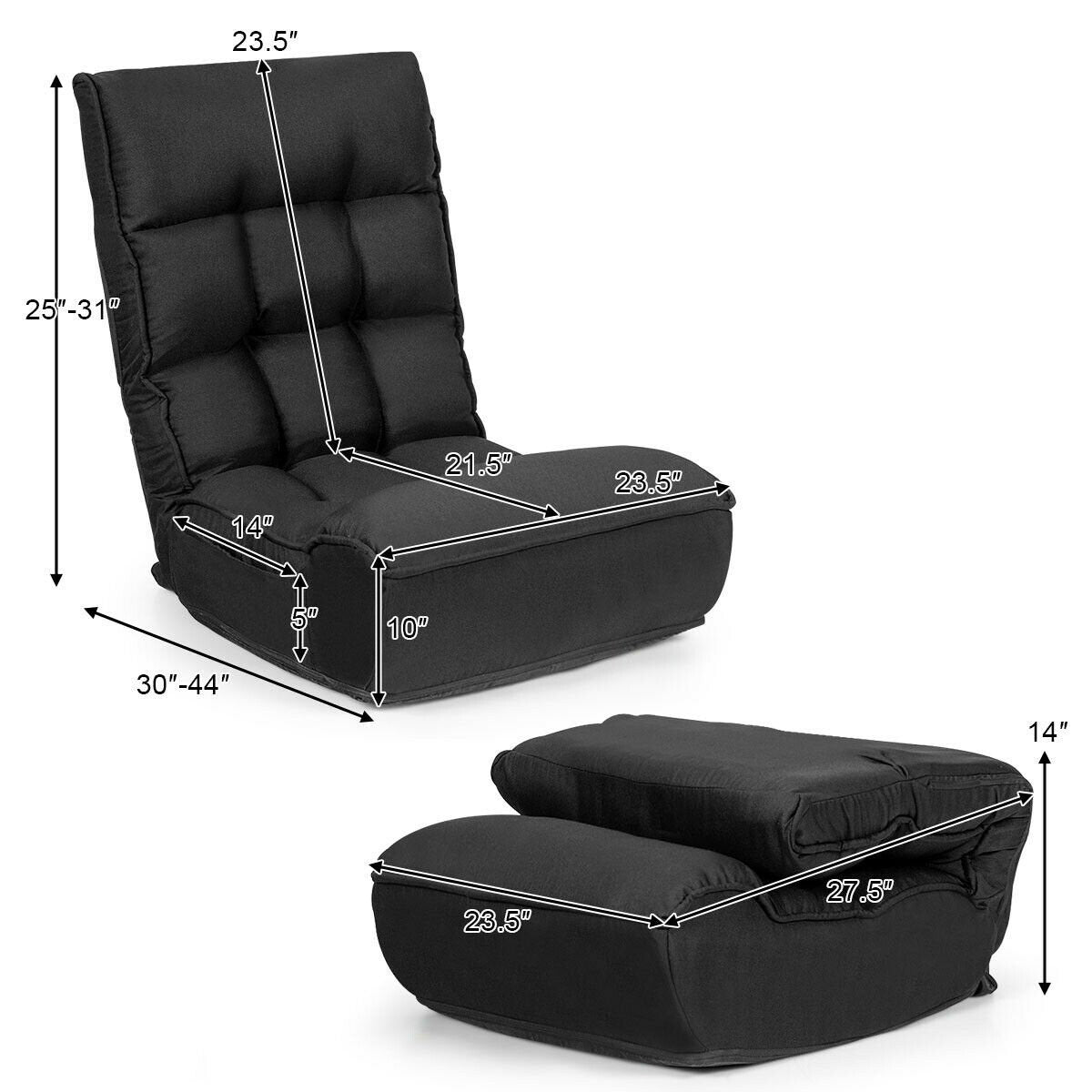 4-Position Adjustable Floor Chair Folding Lazy Sofa-Black view 5