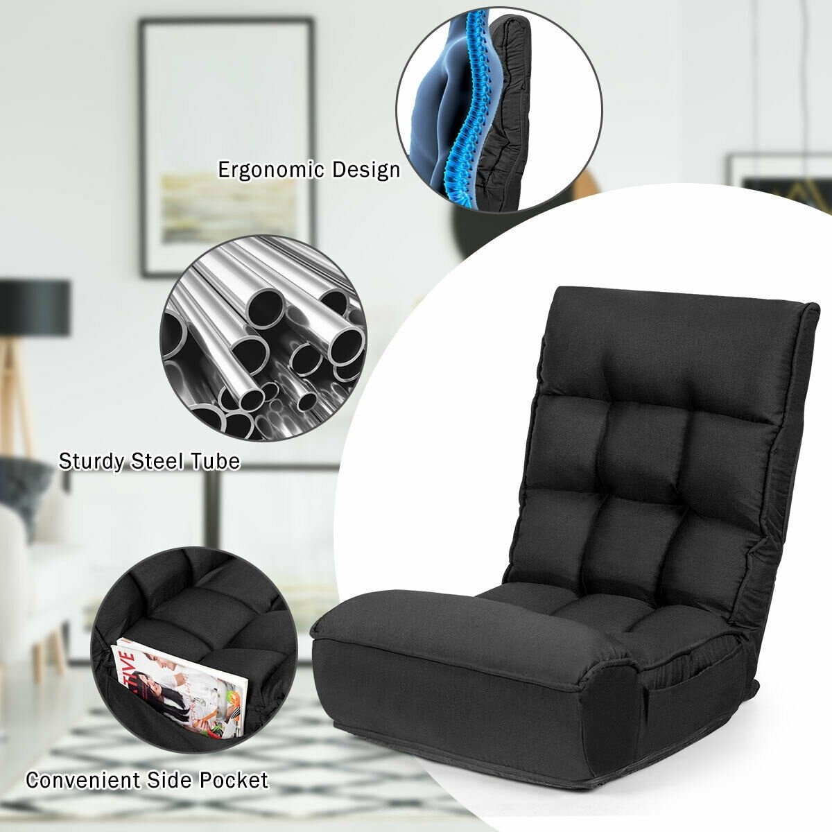 4-Position Adjustable Floor Chair Folding Lazy Sofa-Black view 8