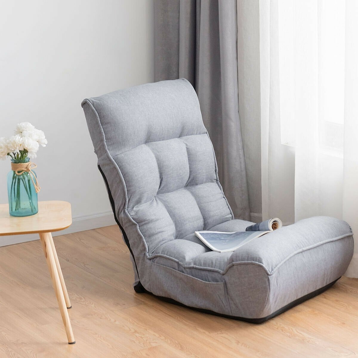 4-Position Adjustable Floor Chair Folding Lazy Sofa-Gray view 2